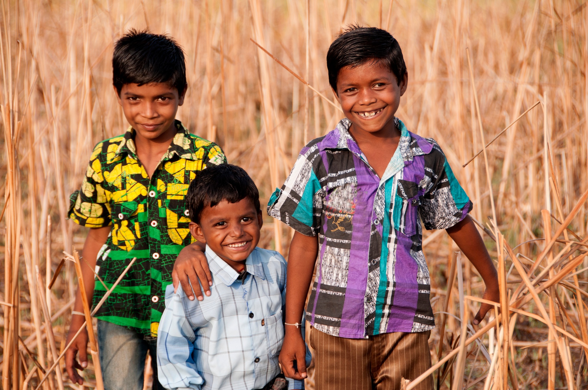 Rural boy enjoying together in the field, India.